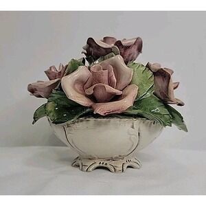 Vintage Capodimonte Porcelain Basket/Pink Roses Centerpiece, Italy, Hand Painted